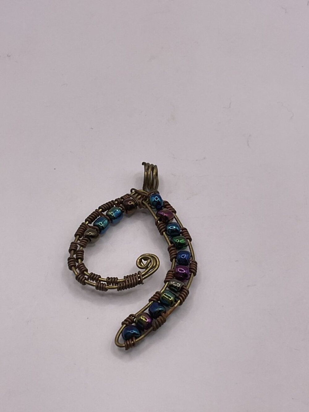 Wire Wrapped Spiral Pendant Iridescent Beaded Boho Goth Swirl Charm